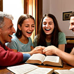 **

A lively scene of friends and family participating in a Bible quiz in a cozy Italian home. Focus on the excitement and shared experience, with open Bibles and smiling faces. Maybe include a "Premio" (prize) on a nearby table like a nice-looking Bible or a framed certificate.

**