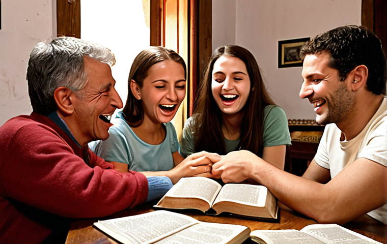 **

A lively scene of friends and family participating in a Bible quiz in a cozy Italian home. Focus on the excitement and shared experience, with open Bibles and smiling faces. Maybe include a "Premio" (prize) on a nearby table like a nice-looking Bible or a framed certificate.

**