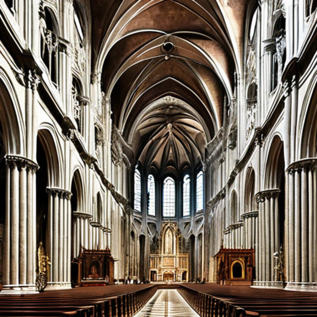 ** A grand, historic Italian cathedral (like the Duomo di Milano). The image should capture the vastness and echoey acoustic, emphasizing the feeling of transcendence and awe. Focus on architectural details that contribute to the unique acoustics.

**