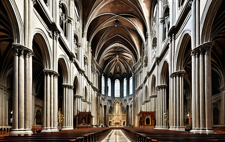 ** A grand, historic Italian cathedral (like the Duomo di Milano). The image should capture the vastness and echoey acoustic, emphasizing the feeling of transcendence and awe. Focus on architectural details that contribute to the unique acoustics.

**