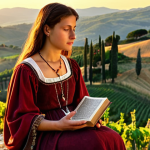 **

Prompt:  A serene Italian landscape at sunset, perhaps Tuscany, with rolling hills and vineyards.  In the foreground, a woman is seated on a stone bench, holding an open *libro di preghiera* (prayer book).  Soft, golden light illuminates her face, suggesting inner peace and reflection.  The overall mood should be contemplative and spiritual.  Include rosary beads draped over her hand.  Use a painterly style, reminiscent of Renaissance art.

**