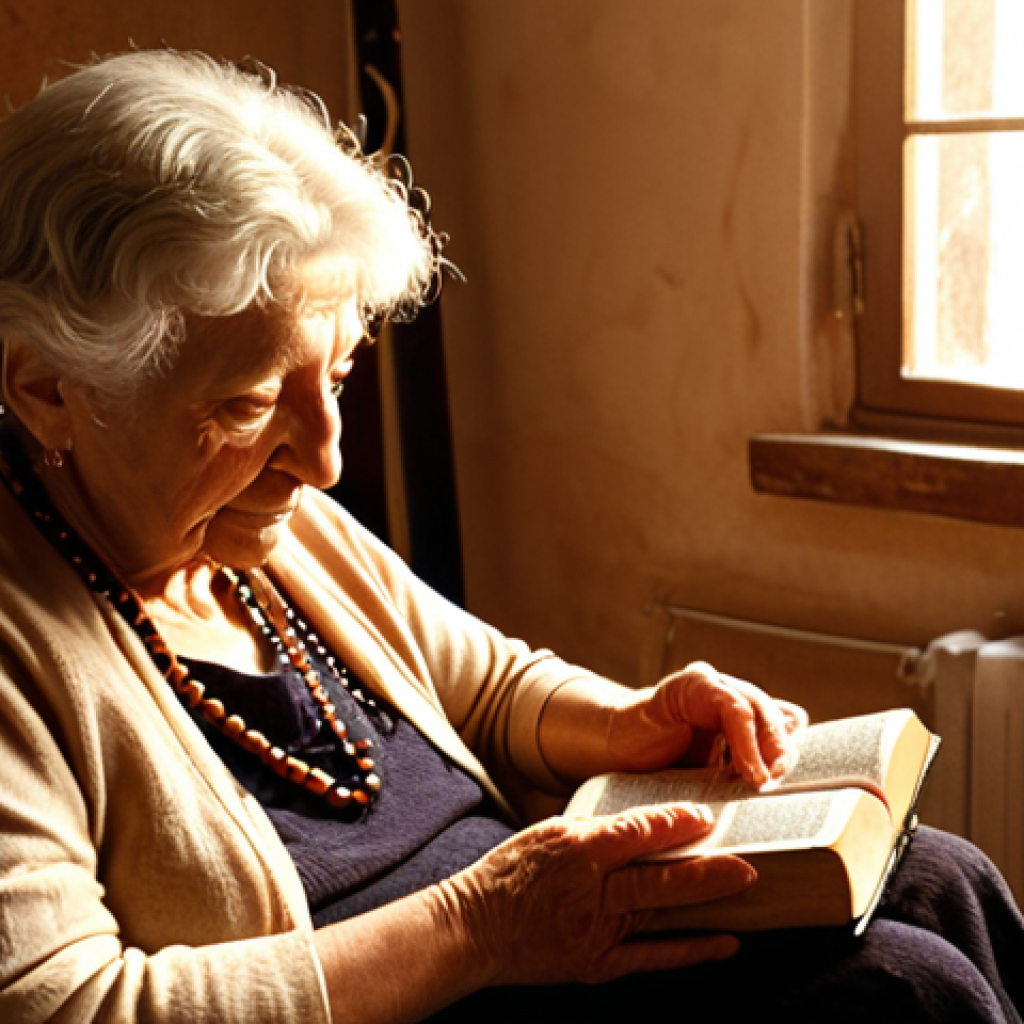 **Image Prompt:** A warmly lit Italian home interior. An elderly woman with kind eyes sits comfortably in an armchair, a rosary in her hands. A younger woman, possibly her granddaughter, sits beside her, gently reading aloud from a well-worn Bible. Soft, golden sunlight streams through the window, illuminating the scene. Capture the feeling of intergenerational connection and spiritual comfort.