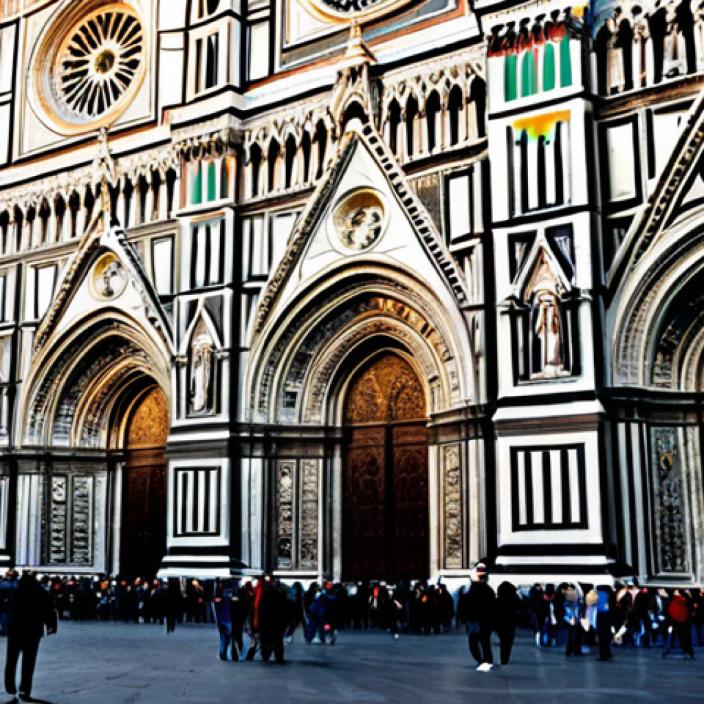 "A majestic Gothic cathedral in Florence, Italy, bathed in golden sunlight, intricate details, stained glass windows, soaring spires, surrounded by a bustling piazza with people in appropriate attire, safe for work, perfect anatomy, natural proportions, professional architecture photography, high quality, family-friendly."