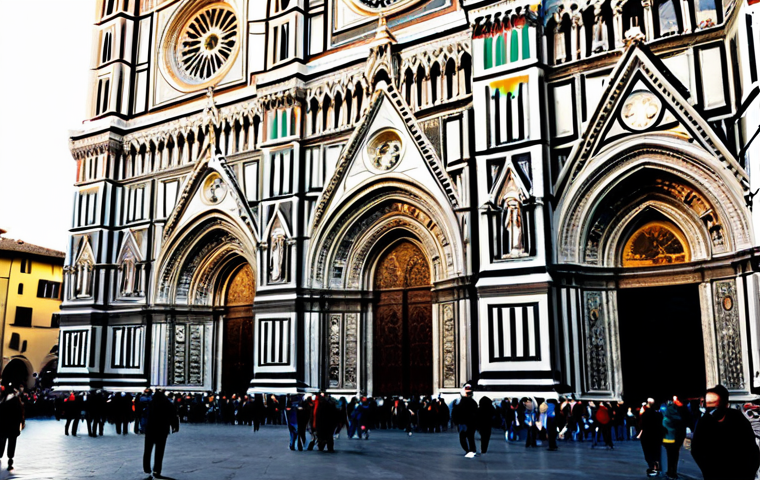 "A majestic Gothic cathedral in Florence, Italy, bathed in golden sunlight, intricate details, stained glass windows, soaring spires, surrounded by a bustling piazza with people in appropriate attire, safe for work, perfect anatomy, natural proportions, professional architecture photography, high quality, family-friendly."