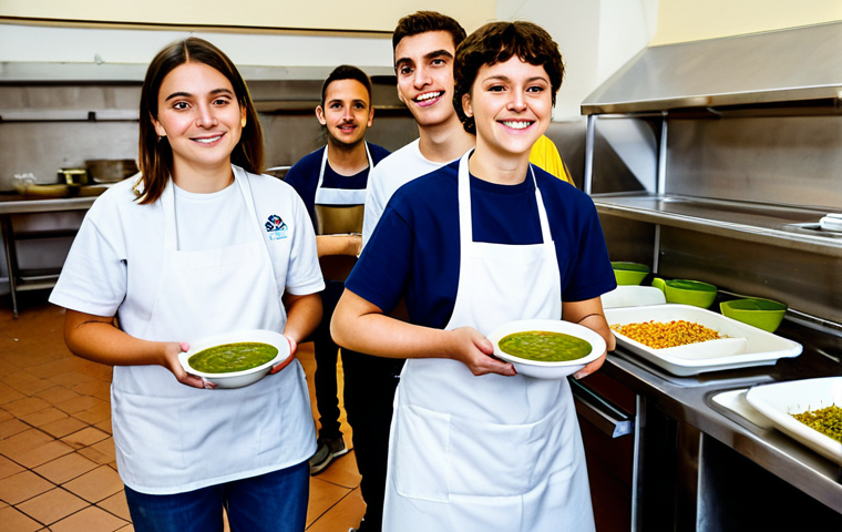 기독교와 소셜미디어 활용 - "A group of fully clothed young adults volunteering at a local soup kitchen in Rome, serving meals t...