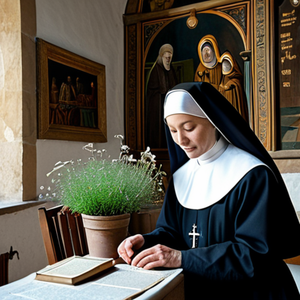 기독교와 의료 선교 - **
"A nun in a modest habit, tending to a patient in a historical monastery infirmary, surrounded b...