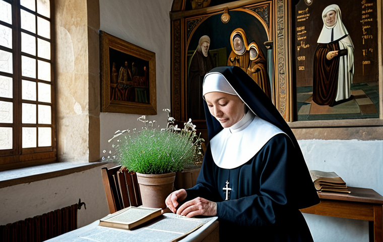 기독교와 의료 선교 - **
"A nun in a modest habit, tending to a patient in a historical monastery infirmary, surrounded b...