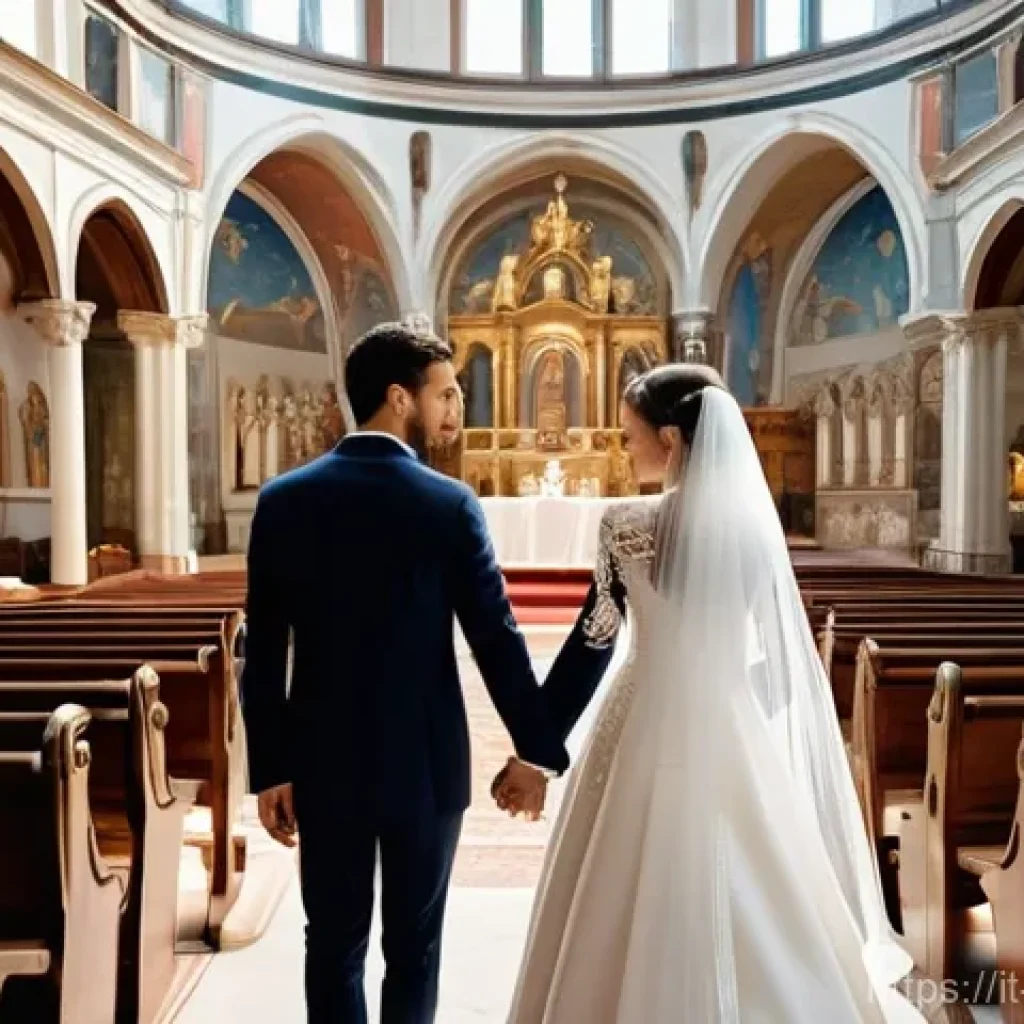 기독교 결혼식의 의미 - **Prompt:** A young, elegant Italian couple, dressed in traditional formal wedding attire (groom in ...