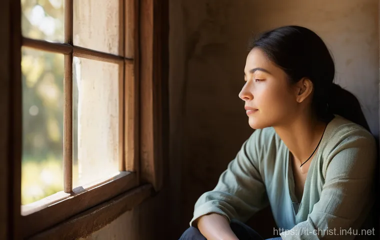 기독교의 성찬식 - **Prompt:** A serene and contemplative woman, in her late 30s to early 40s, sits quietly in a sun-dr...
