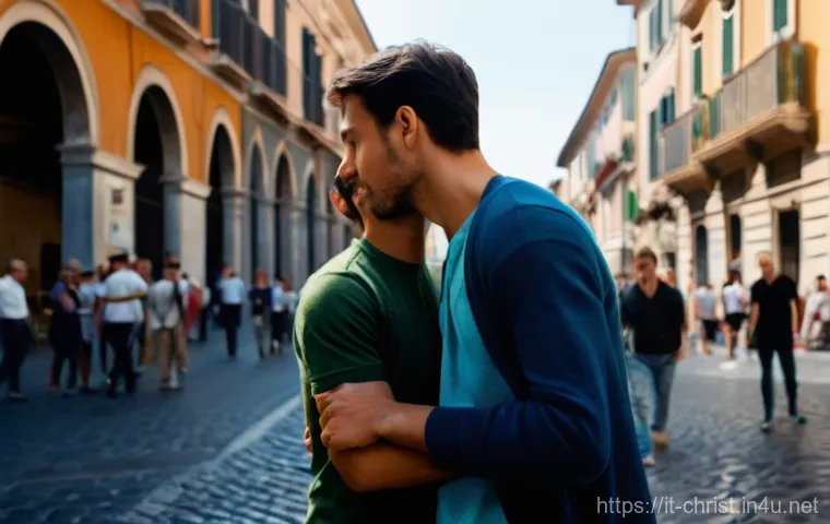 기독교와 문학 - **Prompt 1: Echoes of Redemption on a Modern Italian Street**
    A wide-angle, cinematic shot depic...