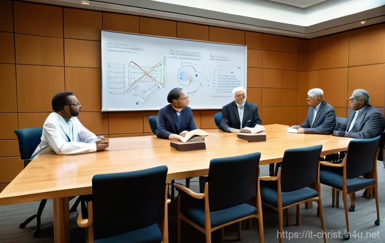 기독교와 유전자 조작 - **Prompt:** "A diverse group of adults, representing both scientists and religious leaders, engaged ...