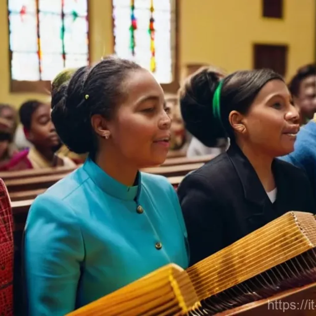 기독교와 다문화 교회 - **Prompt:** A vibrant, multicultural Christian church service taking place in a beautifully lit, tra...
