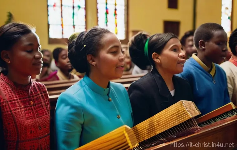 기독교와 다문화 교회 - **Prompt:** A vibrant, multicultural Christian church service taking place in a beautifully lit, tra...