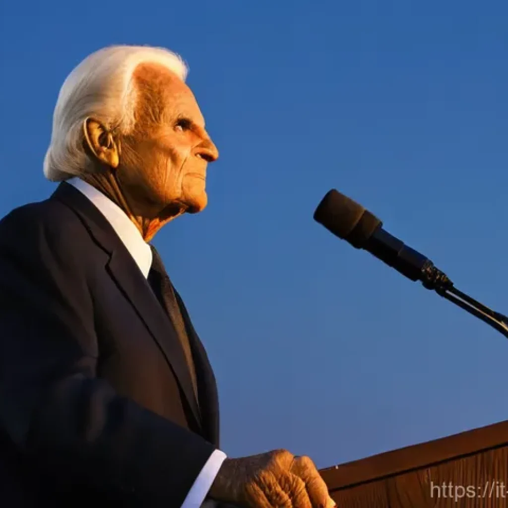 빌리 그레이엄의 전도 - **"Billy Graham's Inspiring Crusade"**
A wide-angle, cinematic photograph of a vast, diverse cro...