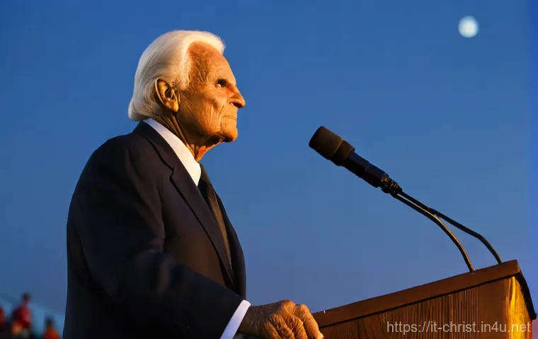 빌리 그레이엄의 전도 - **"Billy Graham's Inspiring Crusade"**
    A wide-angle, cinematic photograph of a vast, diverse cro...