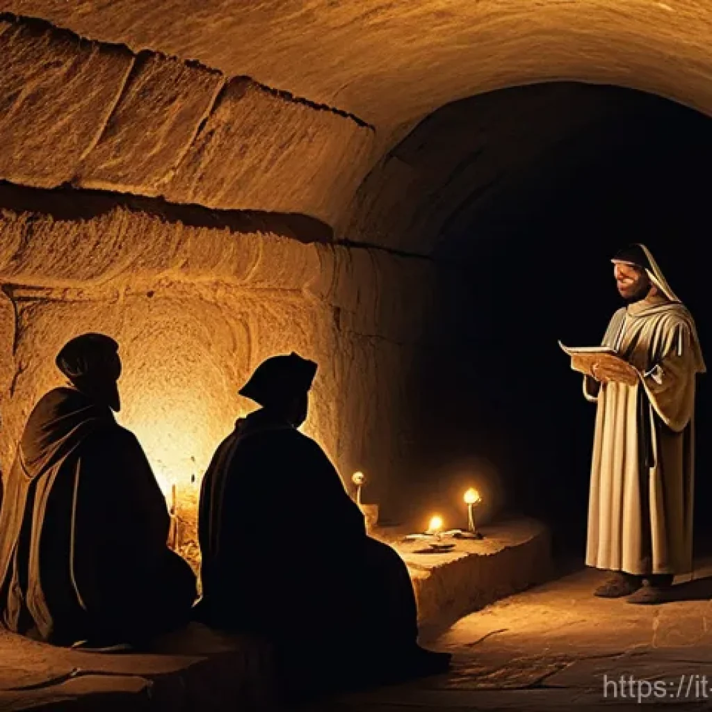 기독교의 변천사 - **Prompt:** A serene and clandestine gathering of early Christians in a dimly lit, ancient Roman cat...