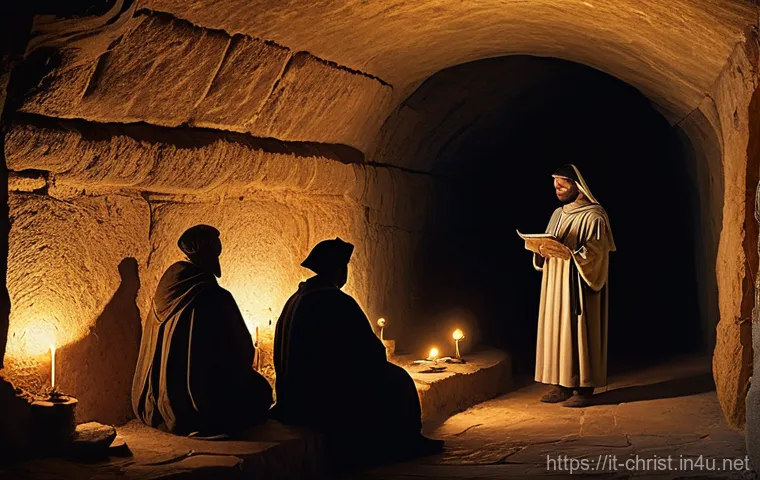 기독교의 변천사 - **Prompt:** A serene and clandestine gathering of early Christians in a dimly lit, ancient Roman cat...
