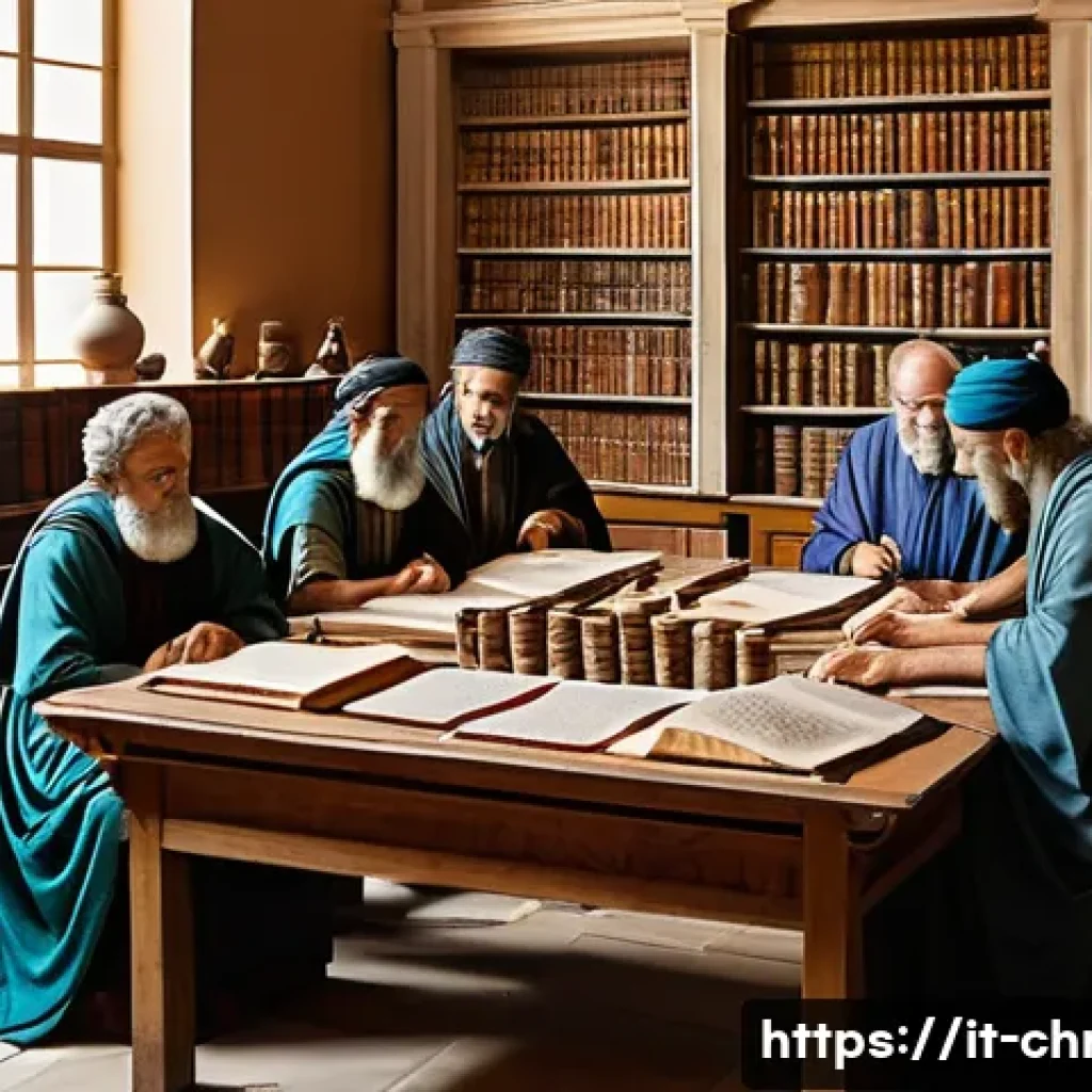 성경 번역의 역사 - **Prompt:** A serene, wide-angle shot of an ancient Alexandrian library or scriptorium during the He...