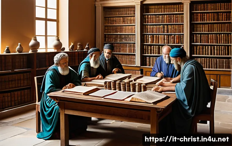 성경 번역의 역사 - **Prompt:** A serene, wide-angle shot of an ancient Alexandrian library or scriptorium during the He...
