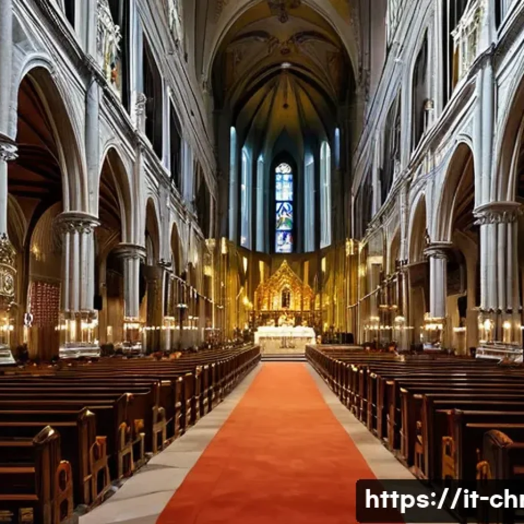 기독교 교단별 특징 - **Prompt**: "A majestic interior of a grand Italian Catholic cathedral, reminiscent of Duomo di Mila...