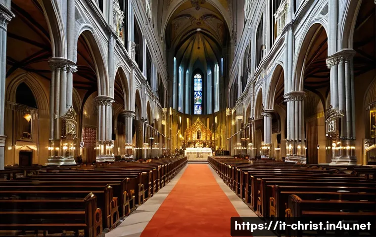 기독교 교단별 특징 - **Prompt**: "A majestic interior of a grand Italian Catholic cathedral, reminiscent of Duomo di Mila...