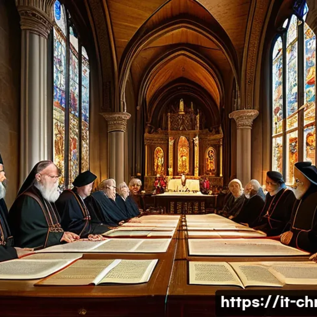 종교회의와 교리 발전 - A detailed depiction of a historic Christian council meeting inside a grand Byzantine-style cathedra...