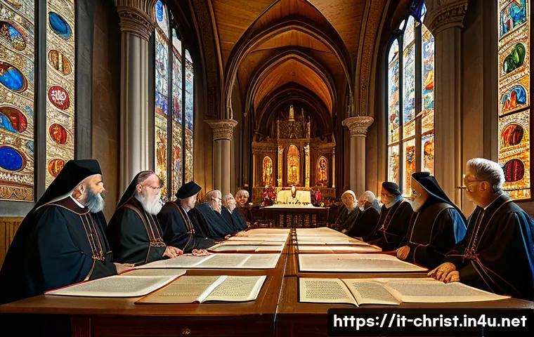 종교회의와 교리 발전 - A detailed depiction of a historic Christian council meeting inside a grand Byzantine-style cathedra...