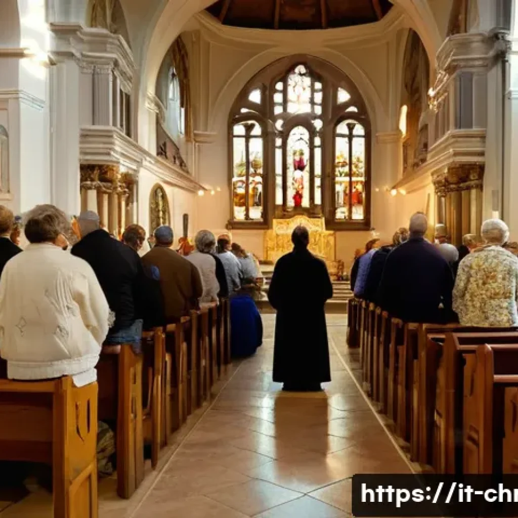 기독교와 행동 심리학 - A serene scene inside a traditional Italian church during a community mass, featuring diverse congre...