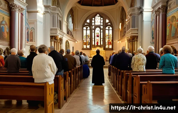 기독교와 행동 심리학 - A serene scene inside a traditional Italian church during a community mass, featuring diverse congre...