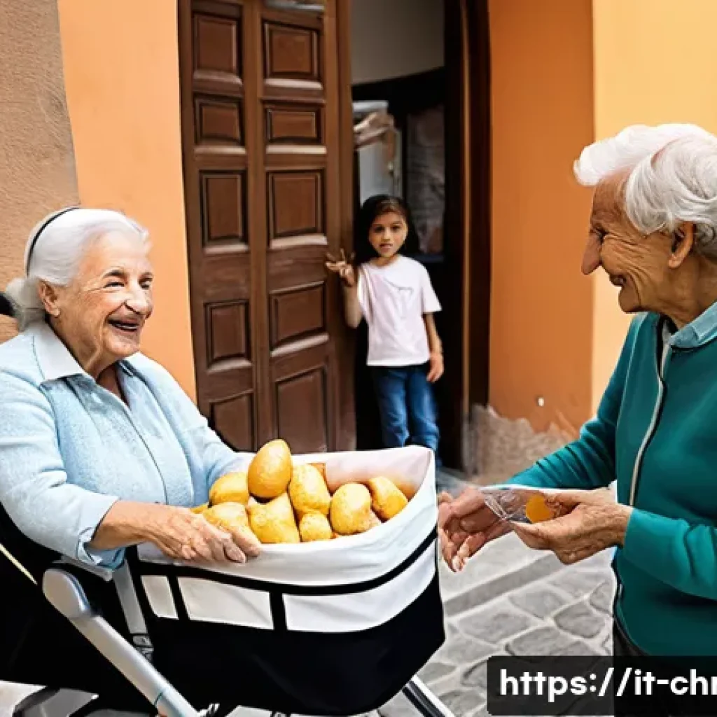 기독교와 시대적 책임 - A compassionate community scene in a lively Italian village square during daytime, featuring diverse...
