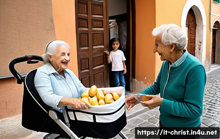 기독교와 시대적 책임 - A compassionate community scene in a lively Italian village square during daytime, featuring diverse...