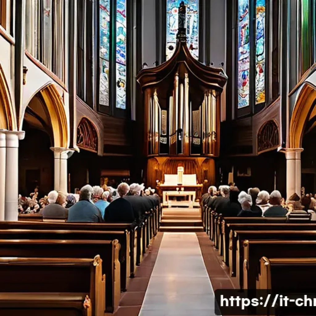기독교 음악과 찬송가 - A grand historic church interior filled with a diverse congregation singing sacred hymns during a so...