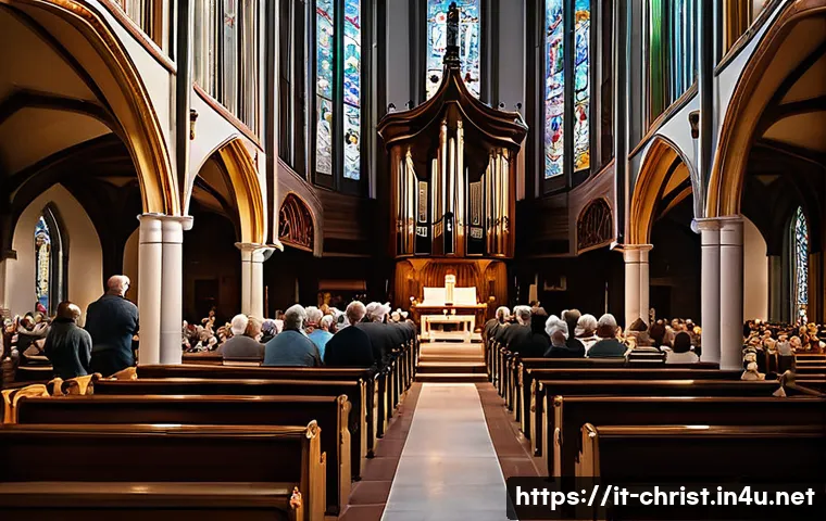 기독교 음악과 찬송가 - A grand historic church interior filled with a diverse congregation singing sacred hymns during a so...
