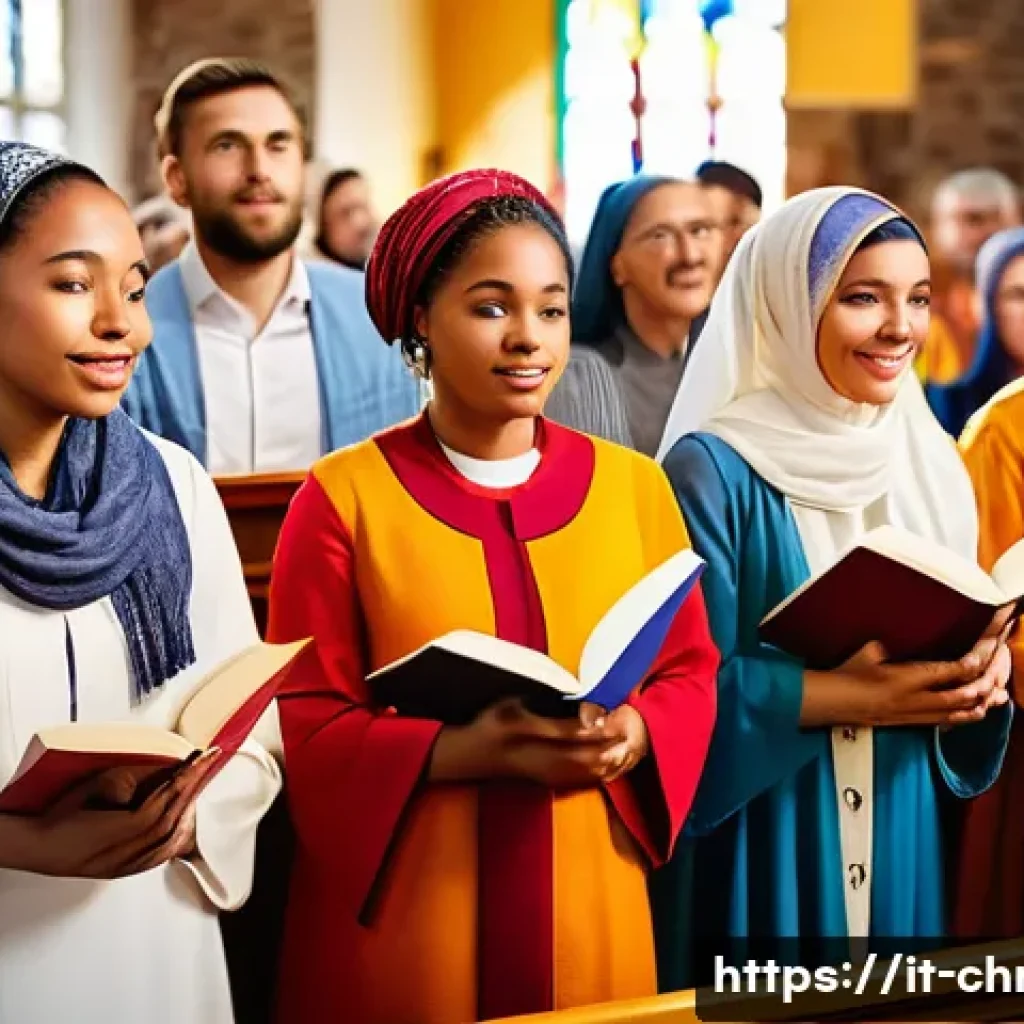 기독교와 세계화 - A vibrant multicultural Christian church service in a modern European city, featuring diverse congre...