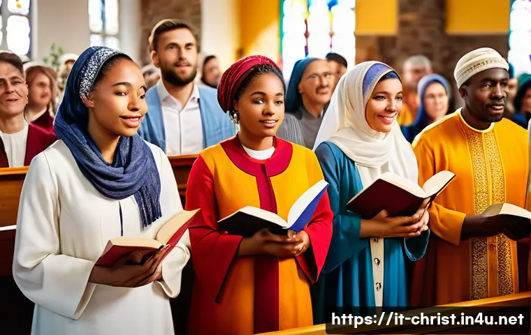 기독교와 세계화 - A vibrant multicultural Christian church service in a modern European city, featuring diverse congre...