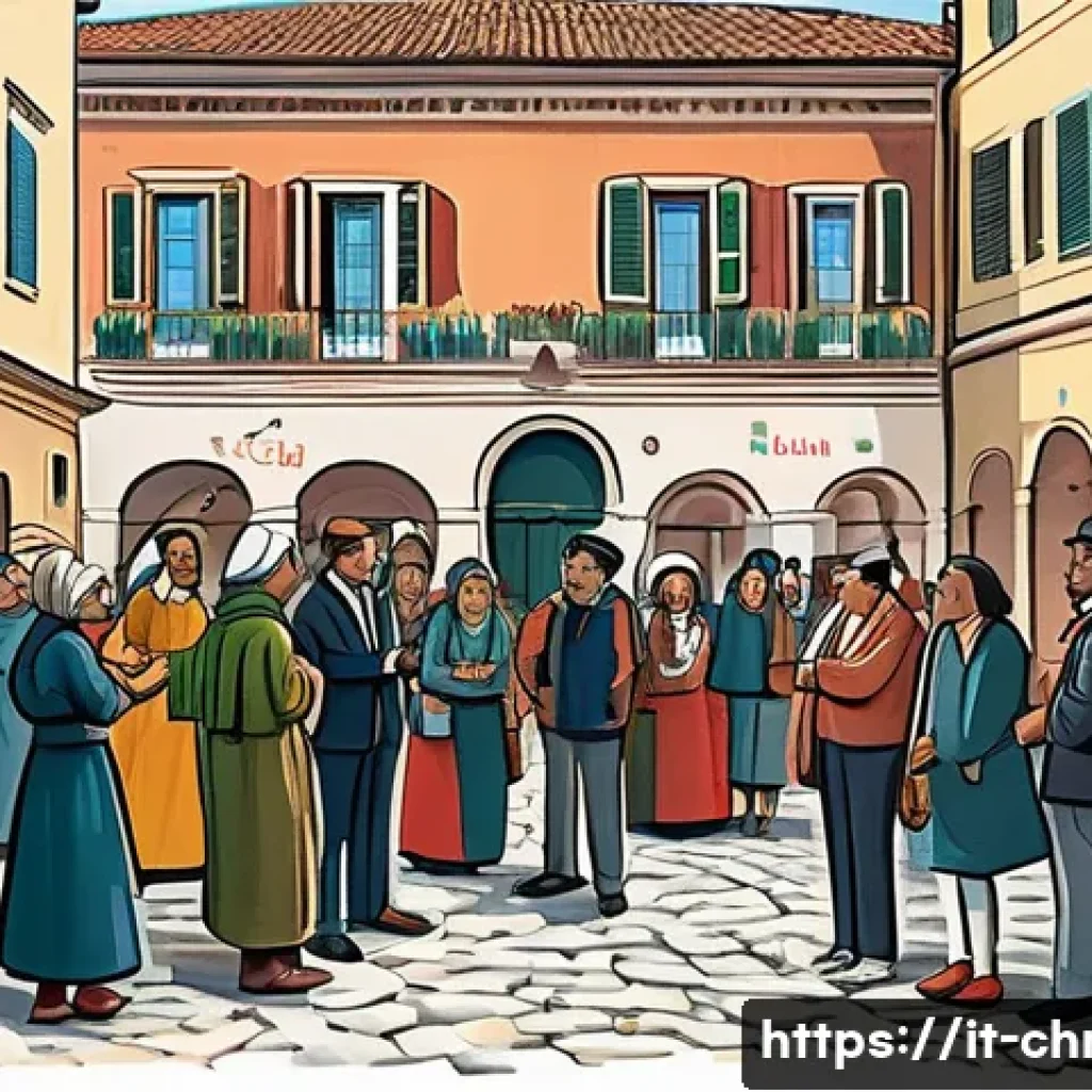 기독교와 공산주의 - A detailed, vibrant illustration depicting a peaceful dialogue scene between a group of Italian Chri...