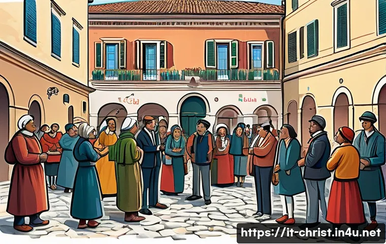 기독교와 공산주의 - A detailed, vibrant illustration depicting a peaceful dialogue scene between a group of Italian Chri...