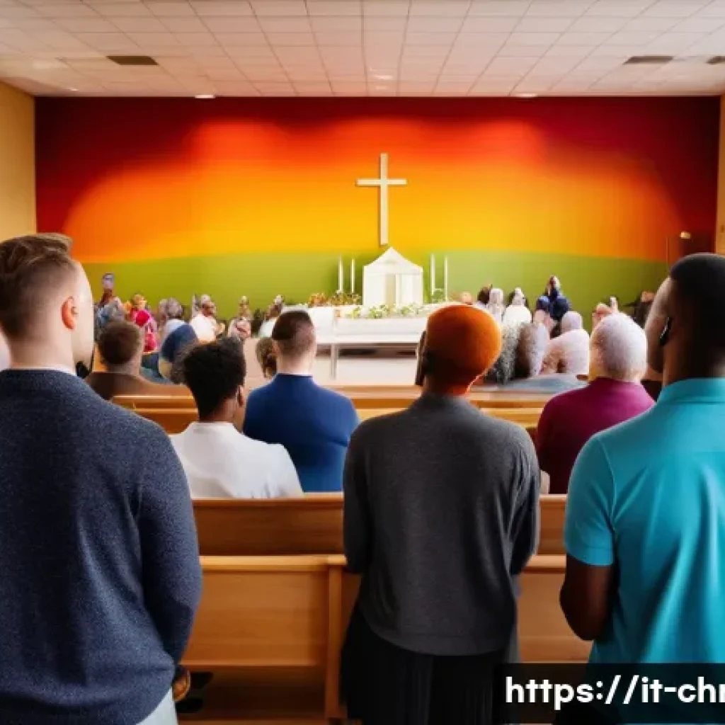 기독교와 성소수자 - A warm, inclusive church community gathering in a modern European parish hall, featuring diverse ind...