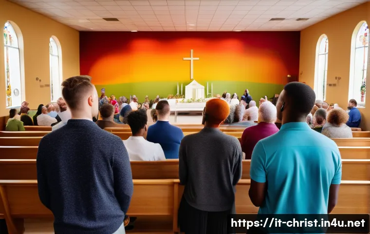 기독교와 성소수자 - A warm, inclusive church community gathering in a modern European parish hall, featuring diverse ind...