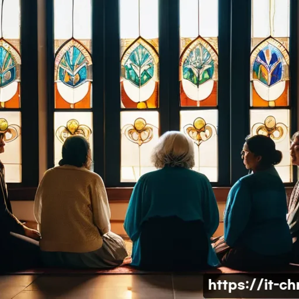 기독교와 낙태 문제 - A compassionate scene inside a contemporary Italian church community center, showing a diverse group...