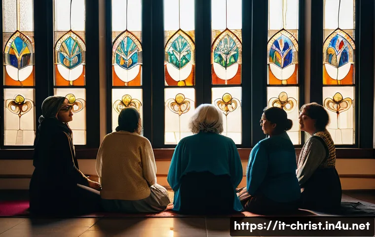 기독교와 낙태 문제 - A compassionate scene inside a contemporary Italian church community center, showing a diverse group...