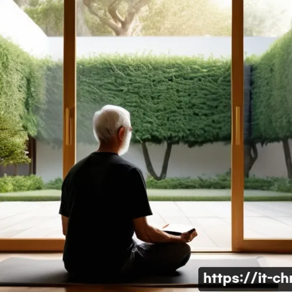 기독교와 내적 성찰 - A serene indoor scene depicting a person sitting peacefully in a minimalist, tidy room filled with s...