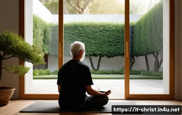 기독교와 내적 성찰 - A serene indoor scene depicting a person sitting peacefully in a minimalist, tidy room filled with s...