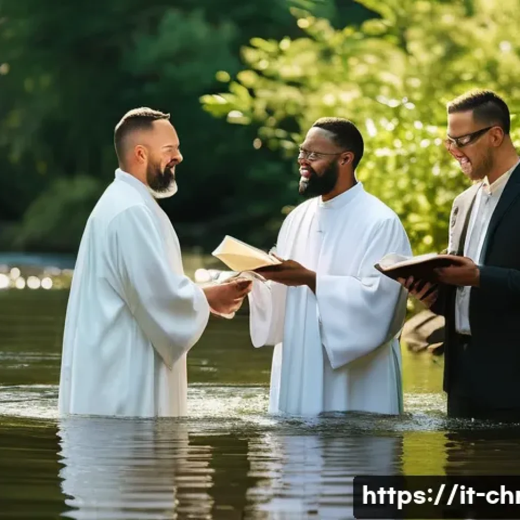 침례교 특징 - A vibrant baptism ceremony by full immersion in a natural outdoor river setting, featuring a diverse...