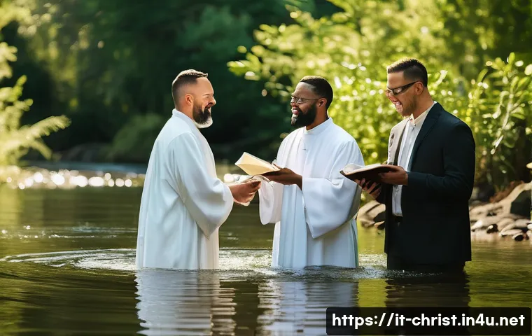 침례교 특징 - A vibrant baptism ceremony by full immersion in a natural outdoor river setting, featuring a diverse...