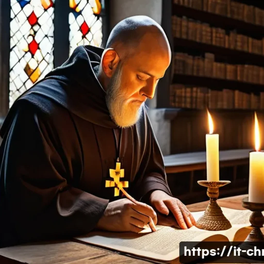 기독교와 역사 사역 - A detailed medieval monastery interior scene, showcasing monks in simple robes diligently transcribi...
