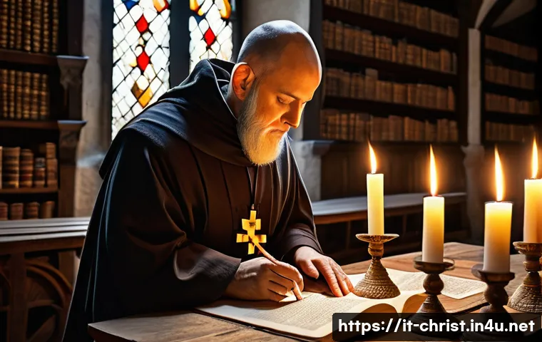 기독교와 역사 사역 - A detailed medieval monastery interior scene, showcasing monks in simple robes diligently transcribi...