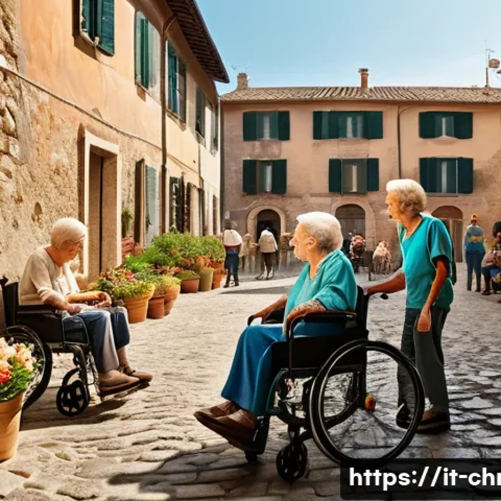 기독교 봉사활동 사례 - A warm and inviting scene in a small Italian village square during a sunny afternoon, featuring a di...