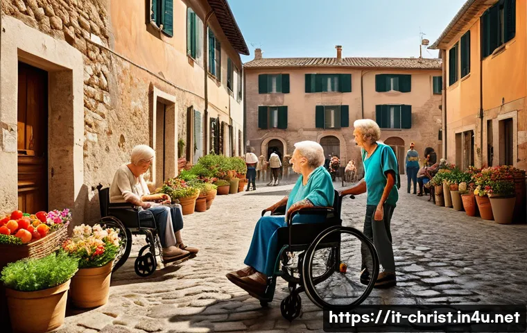 기독교 봉사활동 사례 - A warm and inviting scene in a small Italian village square during a sunny afternoon, featuring a di...