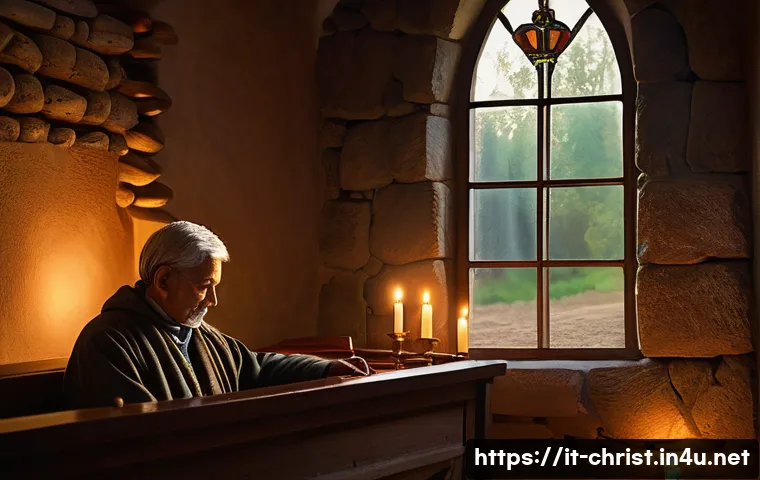 기독교와 정신건강 - A serene Christian meditation scene set in a cozy Italian countryside chapel during early morning li...
